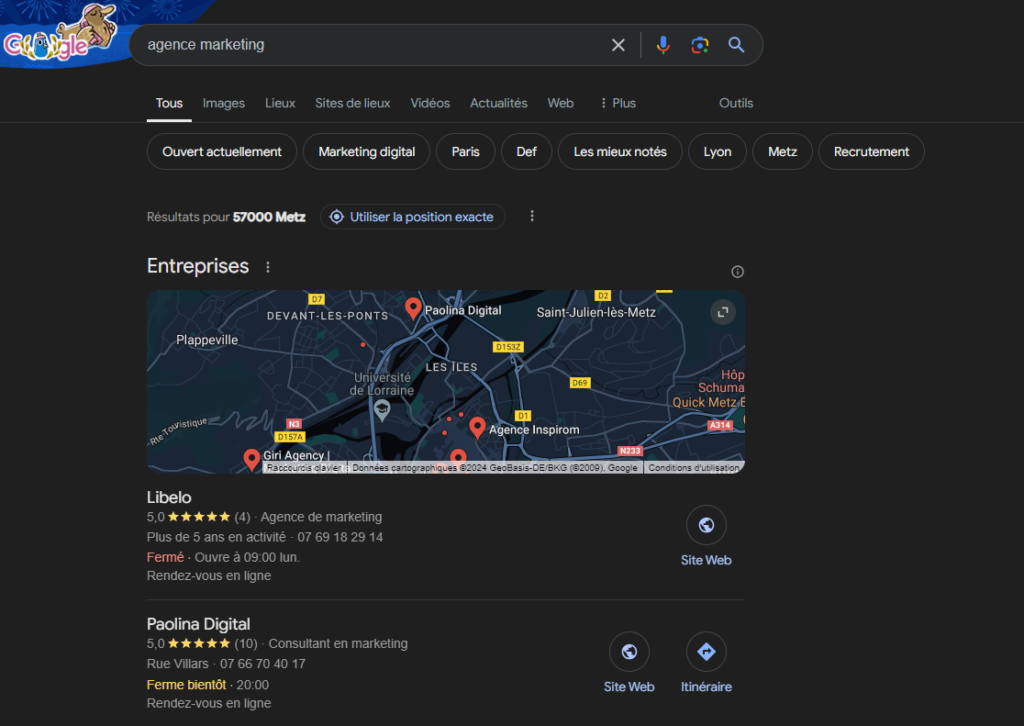 Requête "Agence marketing" sur Google