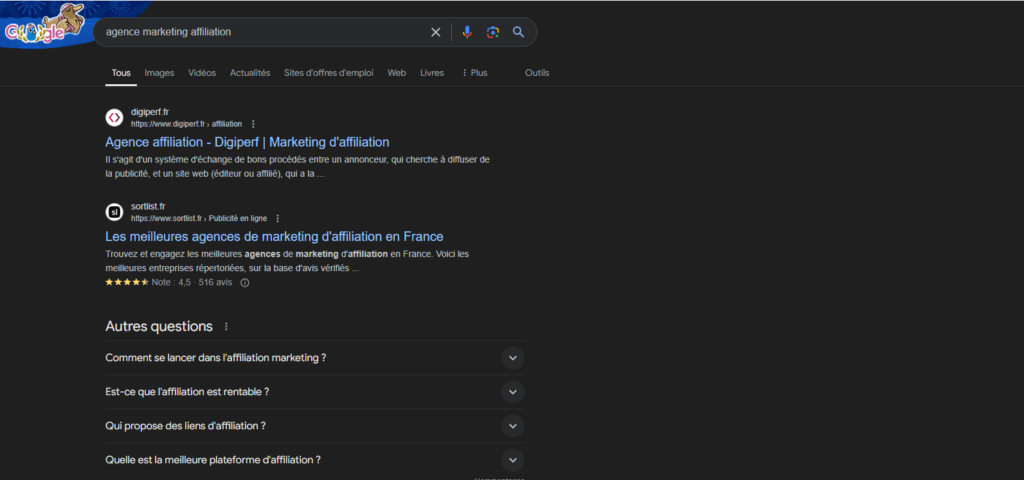 Requête "Agence Marketing affiliation" sur Google