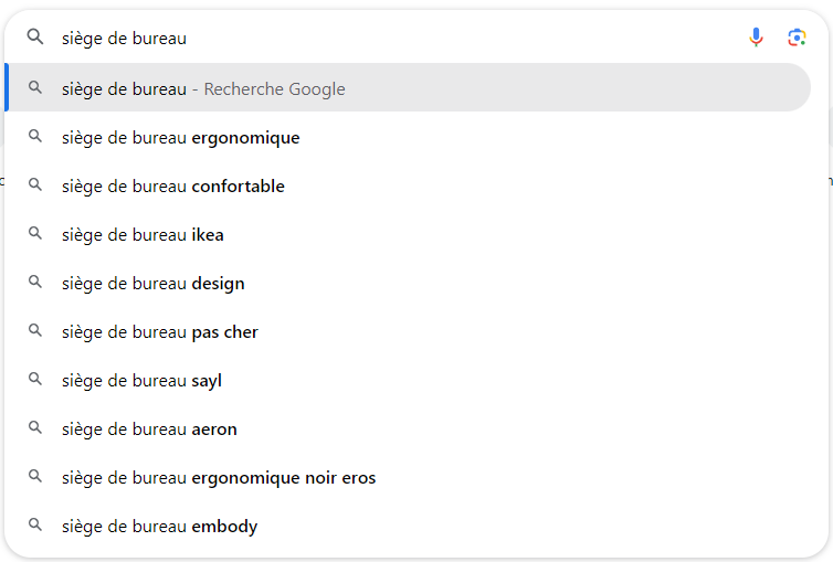 Capture d'écran de la fonction "Autocomplete" de la barre de recherche Google