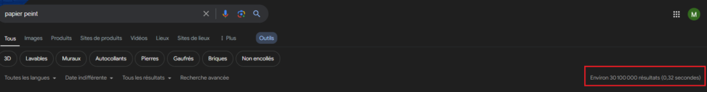Capture d'écran des résultats de recherche Google pour "papier peint"