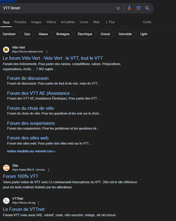Capture d'écran de la recherche "VTT" sur Google