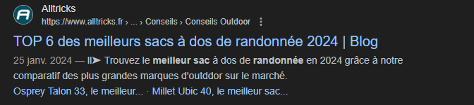 Meta description de Alltricks sur la requête "sac de randonnée"