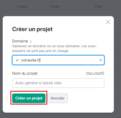 Capture d'écran de Semrush - Créer un projet