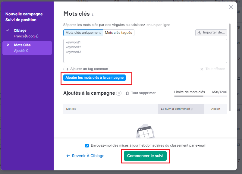 Capture d'écran de Semrush - Réglages de mots-clés