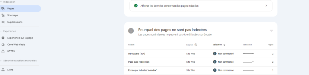 Capture d'écran des erreurs 404 sur la Google Search Console