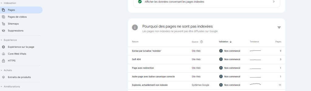 Capture d'écran de l'indexation des pages sur la Google Search Console