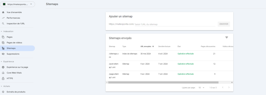 Capture d'écran de la page de fourniture des sitemaps sur la Google Search Console