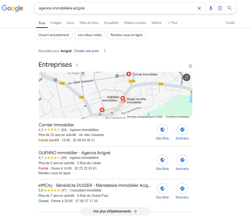 Capture d'écran Google Maps - Agence immobilière Acigné