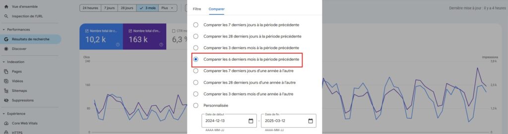 Capture d'écran de la Search Console - Comparatif à 6 mois