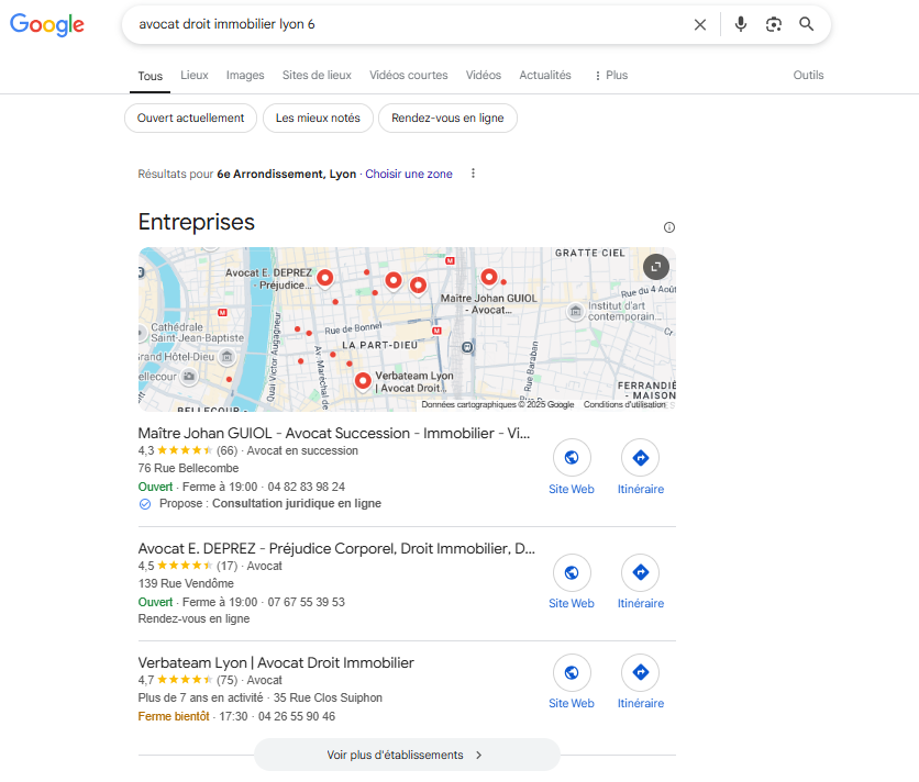Capture d'écran de Google Maps - Avocat Lyon 6